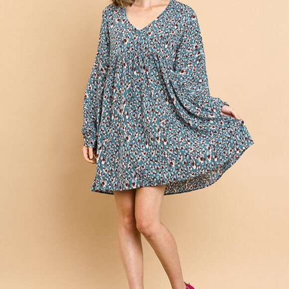 Umgee Teal Mix Long Sleeve Babydoll Dress, Size Large - Picture 3 of 9